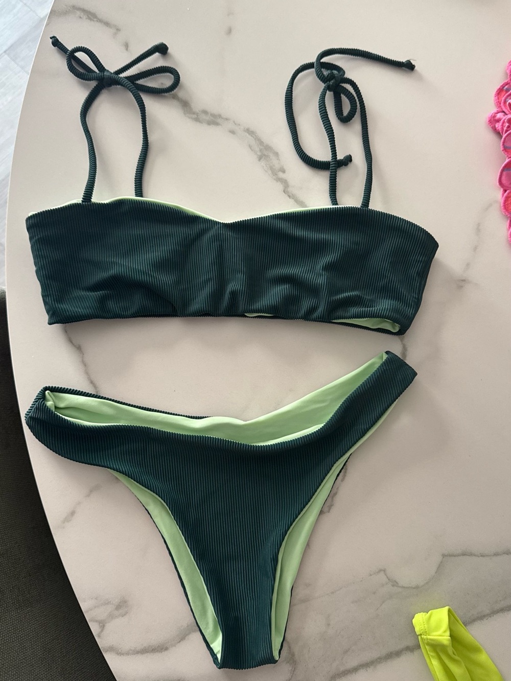 Women’s Dark Green Ribbed Bikini Set with Light Green Lining